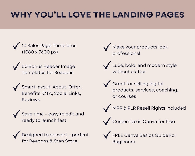 Puede incluir: Gr&aacute;fico beige con el t&iacute;tulo "POR QU&Eacute; TE ENCANTAR&Aacute;N LAS P&Aacute;GINAS DE DESTINO". El texto enumera caracter&iacute;sticas como plantillas de p&aacute;ginas de venta, plantillas de im&aacute;genes de encabezado, dise&ntilde;os inteligentes y personalizaci&oacute;n de Canva. Incluye una gu&iacute;a b&aacute;sica de Canva gratuita.