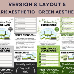 Puede incluir: Una plantilla de marketing digital con dos opciones de dise&ntilde;o: est&eacute;tica oscura y est&eacute;tica verde. Cada dise&ntilde;o presenta un mensaje de bienvenida, un marcador de posici&oacute;n para el nombre del curso y secciones para beneficios, una bonificaci&oacute;n gratuita y un llamado a la acci&oacute;n. La plantilla incluye gr&aacute;ficos de ordenador y tableta.
