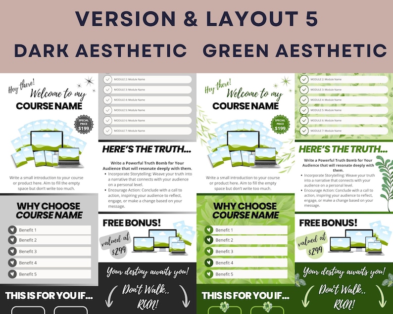 Puede incluir: Una plantilla de marketing digital con dos opciones de dise&ntilde;o: est&eacute;tica oscura y est&eacute;tica verde. Cada dise&ntilde;o presenta un mensaje de bienvenida, un marcador de posici&oacute;n para el nombre del curso y secciones para beneficios, una bonificaci&oacute;n gratuita y un llamado a la acci&oacute;n. La plantilla incluye gr&aacute;ficos de ordenador y tableta.
