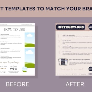 May include: Two instruction guides, labelled "Before" and "After", with text. The "Before" guide shows "How to Use" steps with cloud and hill graphics. The "After" guide shows "Instructions" with a Canva guide and a "Digital Money Map" logo.