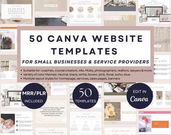 50 plantillas web de Canva para portafolios de contenido generado por usuarios (CGU), pequeñas empresas y proveedores de servicios, paquete de páginas de venta de productos, coaches, cursos y bienes raíces.