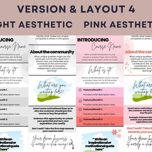 Puede incluir: Una plantilla de marketing digital con dos columnas, "Light Aesthetic" y "Pink Aesthetic". Cada columna incluye secciones para introducciones de cursos, detalles de la comunidad y citas motivacionales. El dise&ntilde;o utiliza colores suaves y fuentes manuscritas.