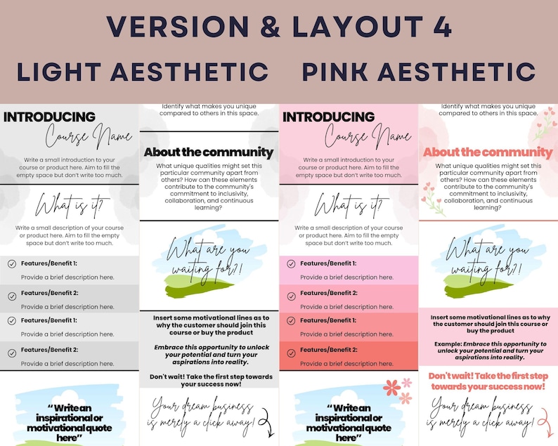 Puede incluir: Una plantilla de marketing digital con dos columnas, "Light Aesthetic" y "Pink Aesthetic". Cada columna incluye secciones para introducciones de cursos, detalles de la comunidad y citas motivacionales. El dise&ntilde;o utiliza colores suaves y fuentes manuscritas.