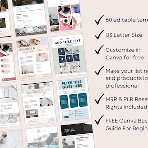 May include: A collection of marketing templates in various designs, including flyers and business cards. The image includes text that says "60 editable templates", "US Letter Size", "Customize in Canva for free", and "MRR & PLR Resell Rights Included".