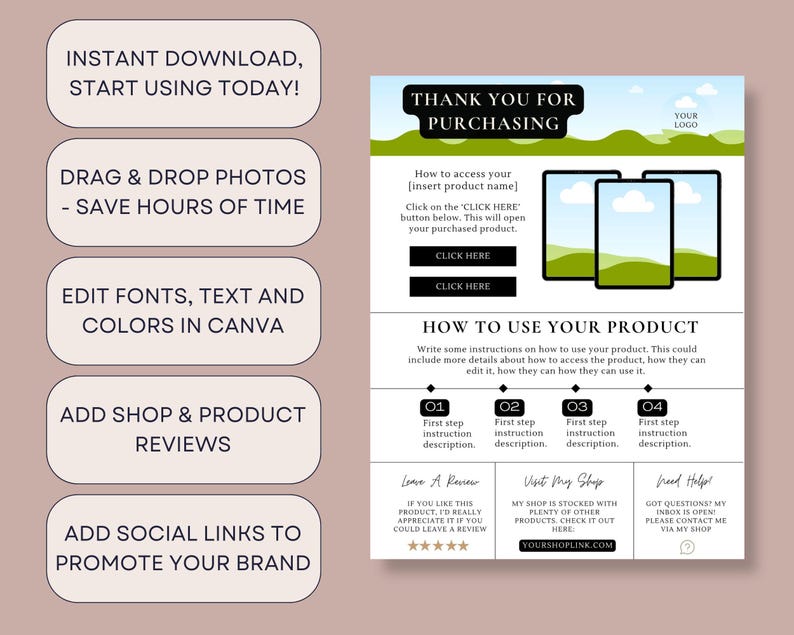 May include: A digital template with a beige background, featuring text prompts such as "Instant Download" and "Edit Fonts." The design includes a section for product instructions and a "Thank You" message.