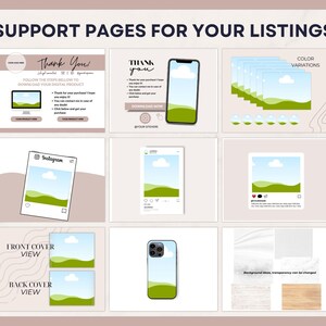 K&ouml;nnte beinhalten: Eine Sammlung digitaler Vorlagen f&uuml;r Support-Seiten, darunter "Thank You"-Seiten, Telefon-Mockups und Instagram-Post-Designs. Die Vorlagen verf&uuml;gen &uuml;ber eine helle Farbpalette mit Landschaftsgrafiken und dem Text "Support Pages for Your Listings".