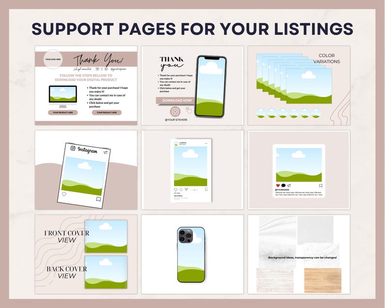 K&ouml;nnte beinhalten: Eine Sammlung digitaler Vorlagen f&uuml;r Support-Seiten, darunter "Thank You"-Seiten, Telefon-Mockups und Instagram-Post-Designs. Die Vorlagen verf&uuml;gen &uuml;ber eine helle Farbpalette mit Landschaftsgrafiken und dem Text "Support Pages for Your Listings".
