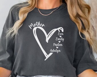 Personalized Mom Heart Shirt Custom Kids Names Mother Gift Comfort Colors Family Love Tee