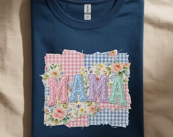 Faux Patchwork Floral Mama Shirt,Faux Embroidered Mom Shirt,Varsity Mom Tee,Patchwork Mama Shirt,Cottagecore Floral Mom Gift