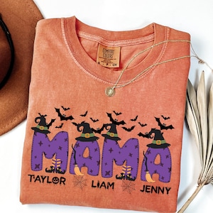 Custom Comfort Colors® Halloween Mama Shirt with Kids Name, Halloween Mimi Gigi Shirt, Spooky Mama Shirt, Personalized Mama Halloween Shirt