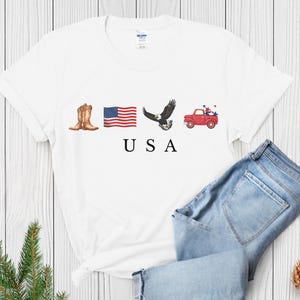 USA Icons Crewneck T-shirt: Patriotic American Western Design