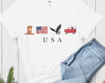 USA Icons Crewneck T-shirt: Patriotic American Western Design