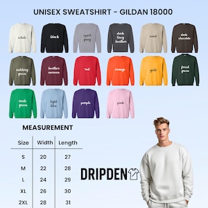 Puede incluir: Una selecci&oacute;n de sudaderas unisex Gildan 18000 en varios colores, como blanco, negro y rojo. La imagen muestra una tabla de tallas con medidas en cm y la marca "DRIPDEN".