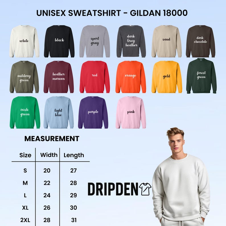 Puede incluir: Una selecci&oacute;n de sudaderas unisex Gildan 18000 en varios colores, como blanco, negro y rojo. La imagen muestra una tabla de tallas con medidas en cm y la marca "DRIPDEN".