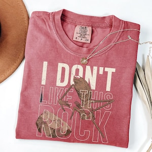 May include: A red Comfort Colors t-shirt with the text "I DON'T LIKE THIS ROCK" and a cartoon illustration of a creature. A silver necklace with a pendant is on the shirt. The shirt is size small.