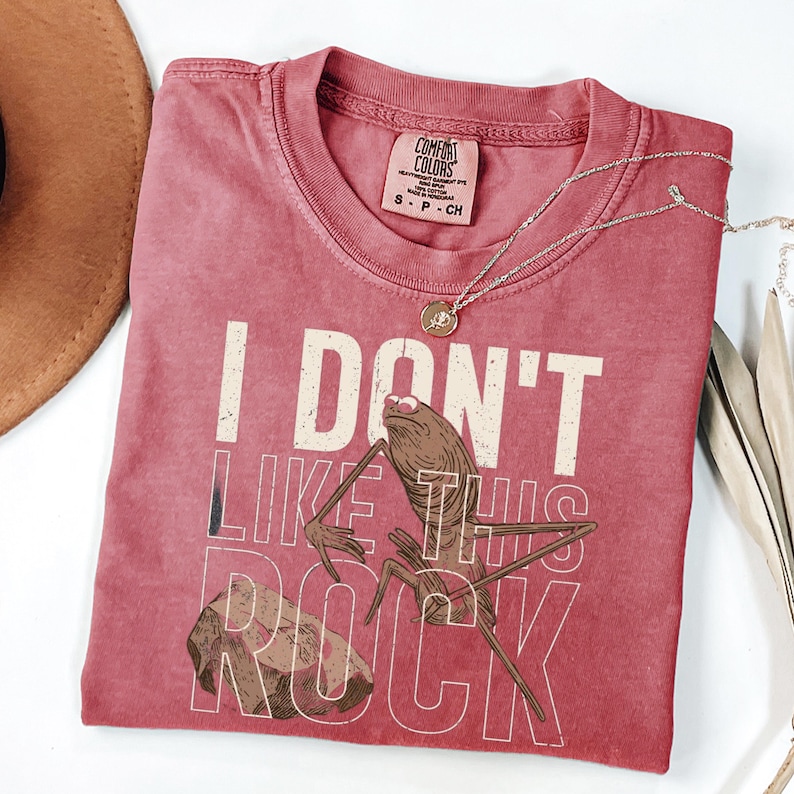 May include: A red Comfort Colors t-shirt with the text "I DON'T LIKE THIS ROCK" and a cartoon illustration of a creature. A silver necklace with a pendant is on the shirt. The shirt is size small.
