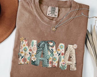 Comfort Colors® Faux Patchwork Floral Mama Shirt,Faux Embroidered Mom Shirt,Varsity Mom Tee,Patchwork Mama Shirt,Cottagecore Floral Mom Gift