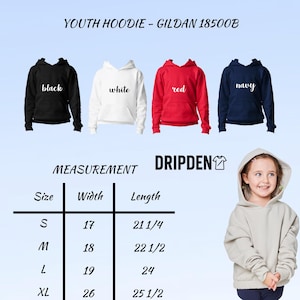 Puede incluir: Imagen de sudaderas con capucha juveniles en negro, blanco, rojo y azul marino. La imagen incluye una tabla de medidas con tallas S, M, L y XL, y sus correspondientes anchos y largos en pulgadas. El texto "YOUTH HOODIE - GILDAN 18500B" est&aacute; en la parte superior.