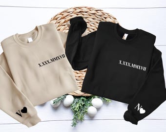 Custom  Roman numeral hoodie with Initial on Sleeve, Personalized gift, Anniversaries gifts, Valentine's Day gift, Christmas gift