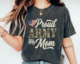 Comfort Colors Army Mom Shirt, Proud Military Mom Tee, Camo Army Text With Dog Tags Graphic