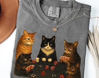 Camiseta gráfica vintage con meme de gatos jugando al póker, divertida camiseta de gato, divertida camiseta gráfica de póker, regalo para novio, ropa de calle para hombre.