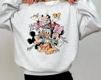 Sudadera retro con firmas de Mickey y sus amigos, camiseta mágica, camiseta con personajes de Disney, regalo de Mickey y compañía, camiseta Disney con cabeza de ratón de Disney