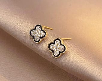 Full Diamond Four Leaf Clover Stud Earrings: 925 Silver, 18K Gold Plated