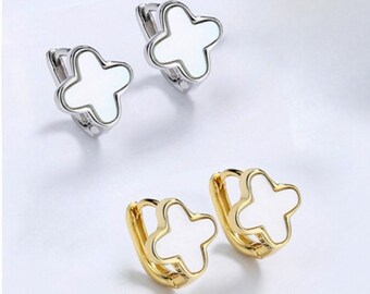 Four Leaf Clover Hoop Earrings: Sterling Silver, White Mother of Pearl, 18K Gold Plated
