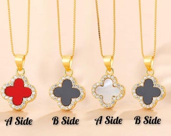 Diamond Four Leaf Clover Necklace: Double Sided, 925 Silver, Mother of Pearl, Agate, 18K Gold Plated