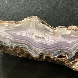 May include: A polished agate slice featuring concentric bands of translucent white, light grey, and soft lavender hues. The centre displays a small crystalline cavity, while the outer edge retains a rough, textured brown rock crust.