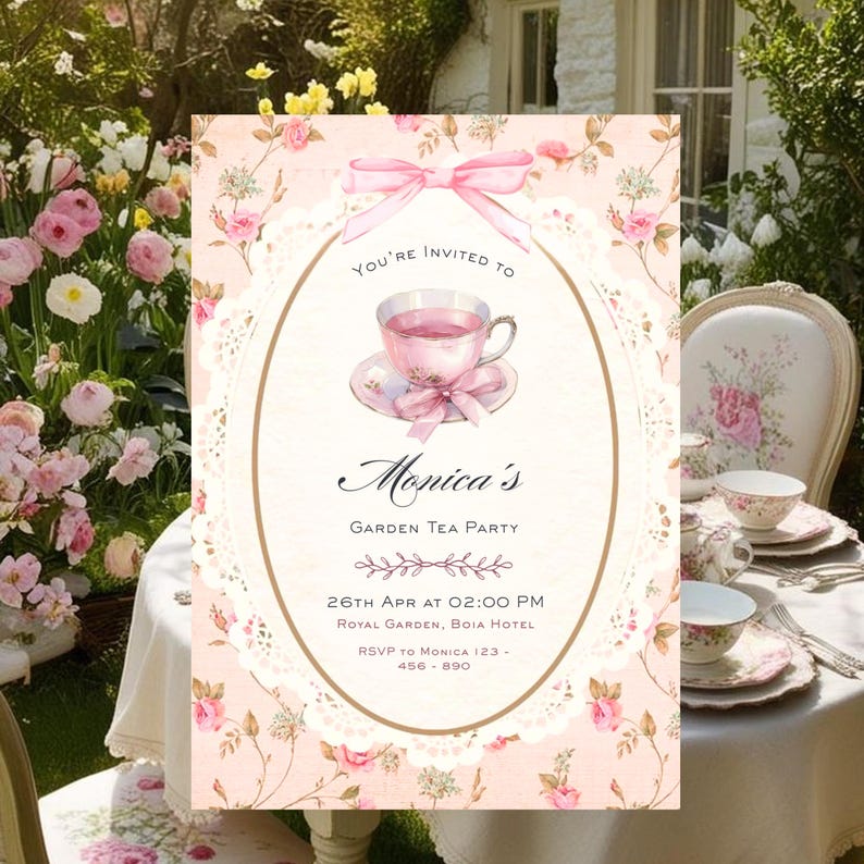 View of Editable Garden Tea Party Invitation | Vintage Tea Party Birthday ...