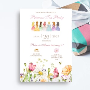Convite editável para chá de bebê de princesa | Modelo de aniversário real do Canva para meninas | Download digital para impressão | Convite floral para jardim
