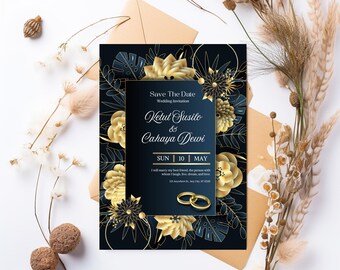 Gold Floral Wedding Invitation Template: Modern DIY Canva Card (5x7 in, Digital Download