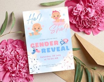 Gender Reveal Invitation: Editable Canva Template, He or She Evite (Digital Download)