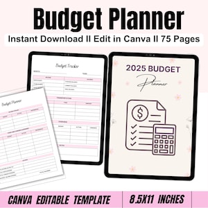 Puede incluir: Un planificador presupuestario digital con el texto "Budget Planner" y "2025 Budget Planner". La imagen muestra una tableta y páginas impresas con acentos rosas. El planificador es una descarga instantánea y editable en Canva, con 75 páginas y mide 21,59 x 27,94 cm.