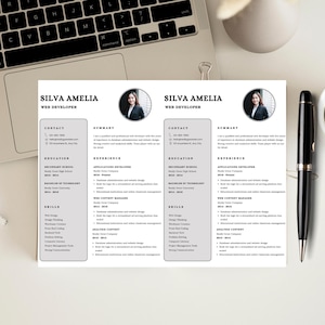 May include: A professional resume titled "SILVA AMELIA WEB DEVELOPER" is displayed on a white surface. The resume includes sections for contact information, summary, education, experience, and skills. A laptop, pen, and coffee cup are also visible.