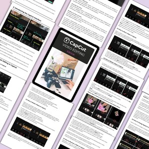 May include: A tablet displaying the cover of a CapCut video editing ebook, with the title and logo prominently featured. The cover image shows a person working on a laptop. Surrounding the tablet are printed pages with text and screenshots related to video editing.