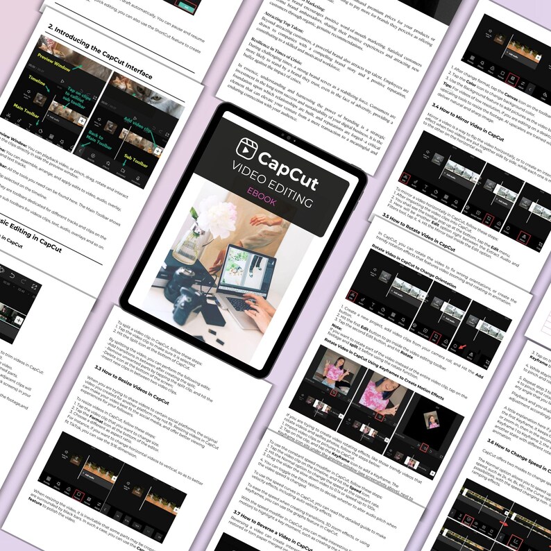 May include: A tablet displaying the cover of a CapCut video editing ebook, with the title and logo prominently featured. The cover image shows a person working on a laptop. Surrounding the tablet are printed pages with text and screenshots related to video editing.