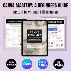Puede incluir: Una guía digital titulada "CANVA MASTERY: A BEGINNERS GUIDE" con el texto "Instant Download I Edit In Canva". La guía se muestra en una tableta, con páginas adicionales visibles. La guía incluye el texto "FOR FREE & PRO ACCOUNTS" y "LEARN HOW TO USE CANVA AS A COMPLETE BEGINNER!"