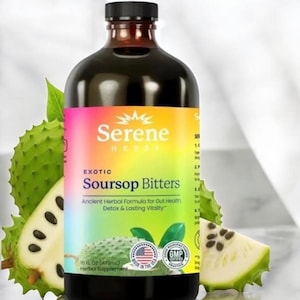 May include: A dark brown bottle of Serene Herbs Exotic Soursop Bitters herbal supplement. The label features a rainbow gradient, text reading Ancient Herbal Formula for Gut Health, Detox & Lasting Vitality, and a 16 fl oz (473ml) volume label.