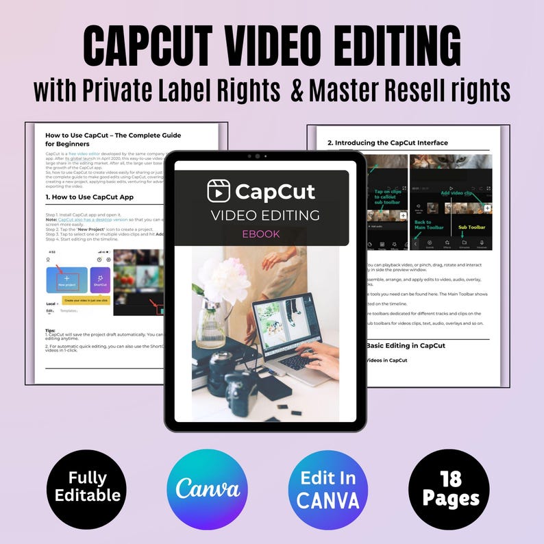 May include: A digital product advertisement for a CapCut video editing ebook. The image features a tablet displaying the ebook cover, alongside screenshots and icons. The text includes "CapCut Video Editing" and "Edit in Canva."