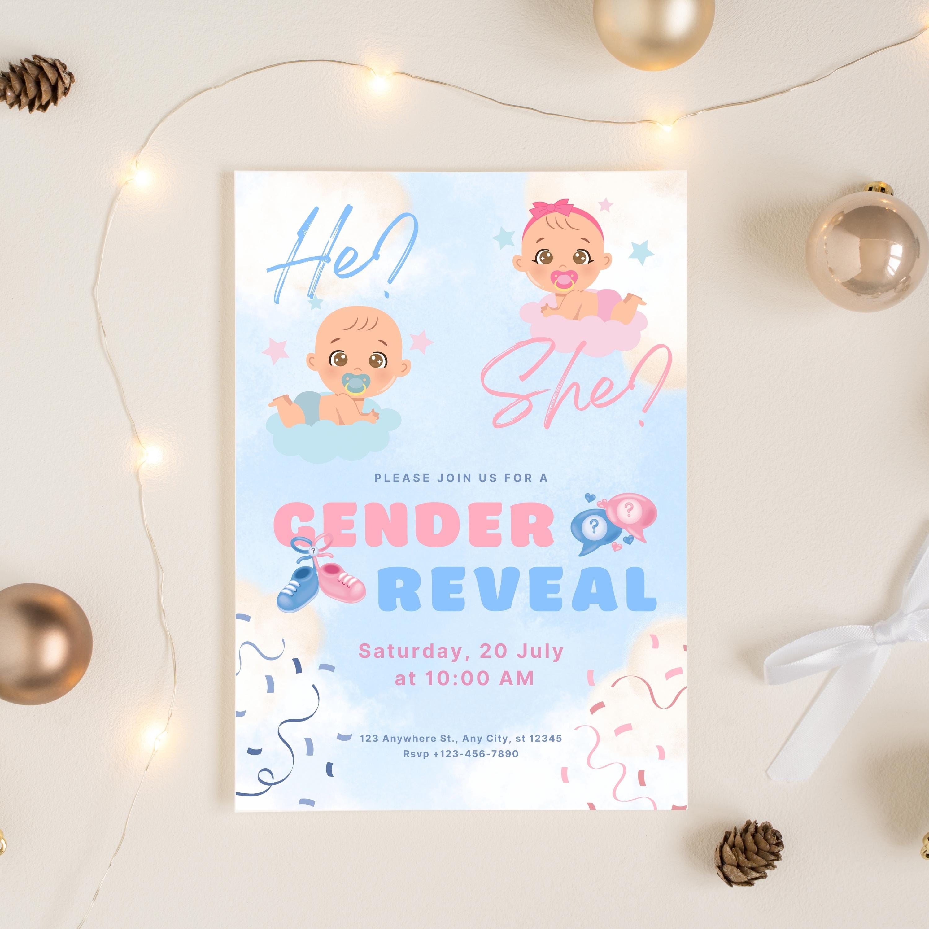 Gender Reveal Invitation: Editable Canva Template, He or She Evite ...