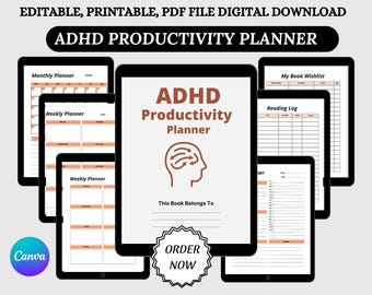 Editable ADHD Planner for Adults: Digital & Printable Productivity Tool (Canva Template + PDF)
