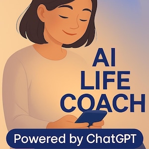 Puede incluir: Ilustración de una mujer con los ojos cerrados, sosteniendo un teléfono inteligente. Una burbuja azul dice "AURA". El texto "AI LIFE COACH" se muestra en letras grandes de color azul oscuro. El texto "Powered by ChatGPT" está en la parte inferior.