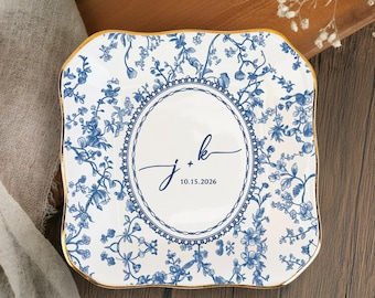 Personalized Blue Toile Ring Dish, Custom Initials & Date Ceramic Jewelry Tray, Wedding Engagement Ring Holder Gift for Couple