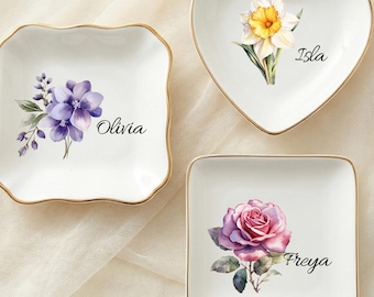 Plato para anillos con forma de flor de nacimiento personalizada, regalo de cumpleaños para ella, plato para joyas personalizado, recuerdo floral de cumpleaños, recuerdo floral de cumpleaños