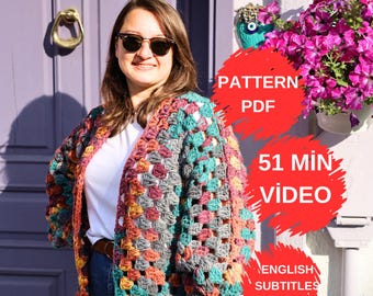 Gehaakt patroon en video, zeshoekig vestpatroon, zelfstudie oversized trui, zelfstudie pdf-video, afdrukbaar patroon, breiwerk gemiddeld niveau