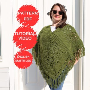 Crohet Pattern & Video, Poncho Pattern, Fringed Boho poncho, Oversize sweater Pattern, Crochet Poncho Pattern, Boho Poncho Printable Pattern