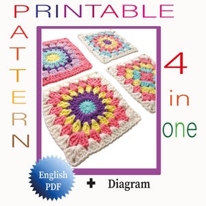 May include: Printable crochet pattern featuring four colorful granny squares. The squares showcase a vibrant palette of pink, yellow, blue, and purple, with a white border. The text includes "Printable Pattern 4 in one" and "English PDF + Diagram".