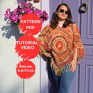 Crohet Pattern & Video, Poncho Pattern, Fringed Boho poncho, Oversize sweater Pattern, Crochet Poncho Pattern, Boho Poncho Printable Pattern